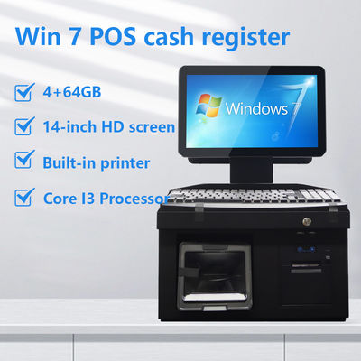 Màn hình cảm ứng kép 14 inch Win7 Pos Bán tiền mặt i3 Cpu 4 + 64GB Máy trạm POS trên máy tính để bàn với máy in, bàn phím, máy quét