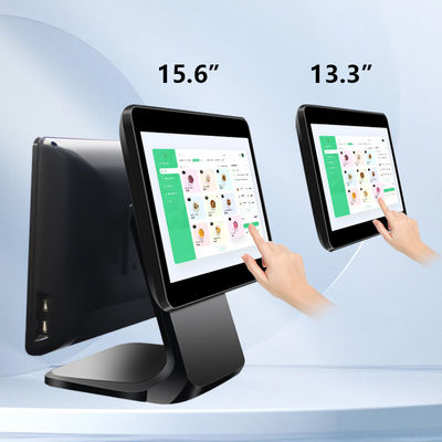 Hệ thống POS màn hình cảm ứng kép 13.3/15.6 inch I3 Hệ điều hành Win Thiết bị đầu cuối POS cho cửa hàng bán lẻ với chân đế gập