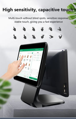 Hệ thống POS màn hình cảm ứng kép 13.3/15.6 inch I3 Hệ điều hành Windows Thiết bị đầu cuối POS cho cửa hàng bán lẻ với chân đế gập