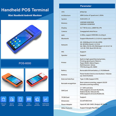 Máy POS Android cầm tay 5.5" Máy tính tiền Màn hình cảm ứng Thiết bị đầu cuối POS di động WiFi USB NFC Thanh toán cho Bán lẻ Xanh lam