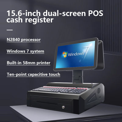 OEM ODM 15.6Inch màn hình kép Win7 Pos Bảng thu tiền N2840 Cpu 2 + 32GB Bàn máy tính để bàn POS Terminal với Máy in 58mm, Bàn phím