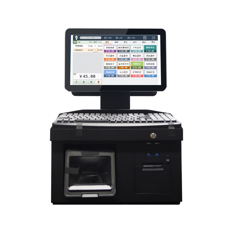 Màn hình cảm ứng kép 14 inch Win7 Pos Bán tiền mặt i3 Cpu 4 + 64GB Máy trạm POS trên máy tính để bàn với máy in, bàn phím, máy quét