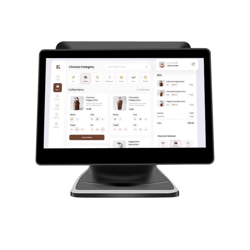 Hệ thống POS màn hình cảm ứng kép 13.3/15.6 inch I3 Hệ điều hành Windows Thiết bị đầu cuối POS cho cửa hàng bán lẻ với chân đế gập