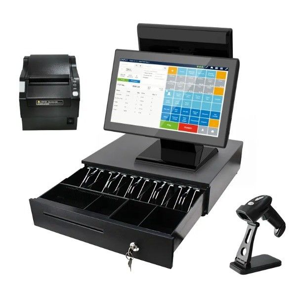 Máy in quét mã vạch Loại 1 Màn hình cảm ứng Win 15.6 inch Máy POS All in One Máy tính tiền bán lẻ 4 64G